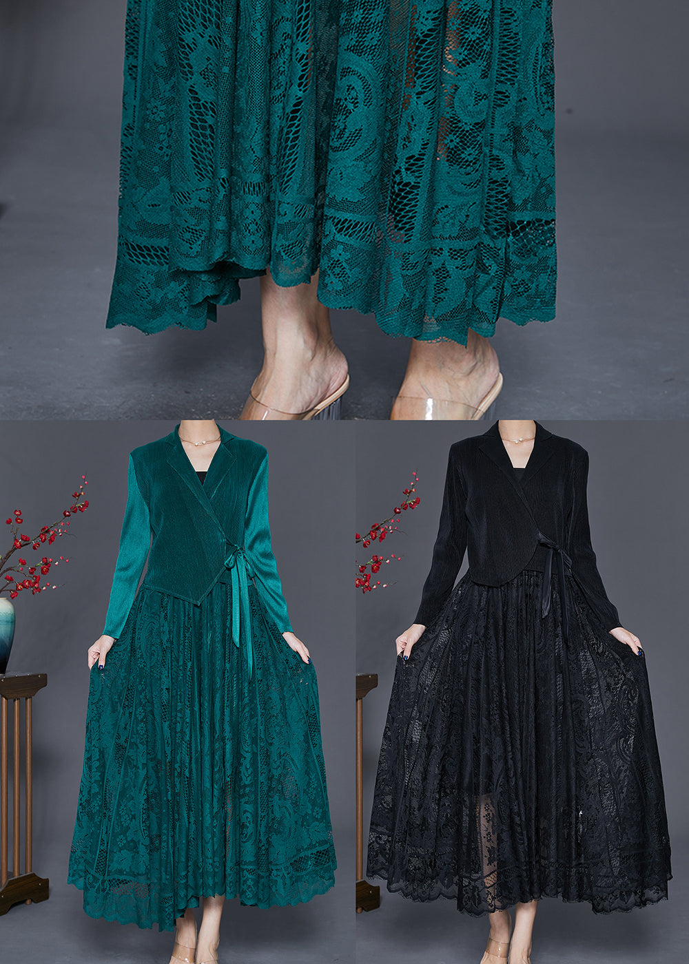 Peacock Green Patchwork Silk Velour Cinched Dress Exra Large Hem Fall