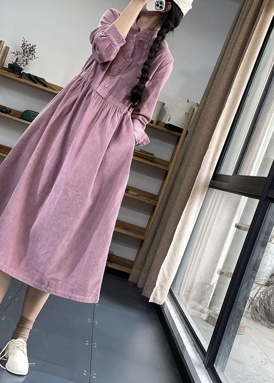 Purple Button Pockets Corduroy Dresses Winter