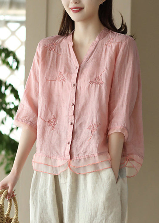 Pink Organza Patchwork Button Ramie Top Summer