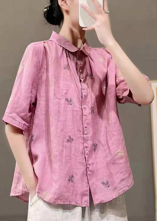 Pink Patchwork Cotton Tops Embroidered Button Peter Pan Collar Half Sleeve