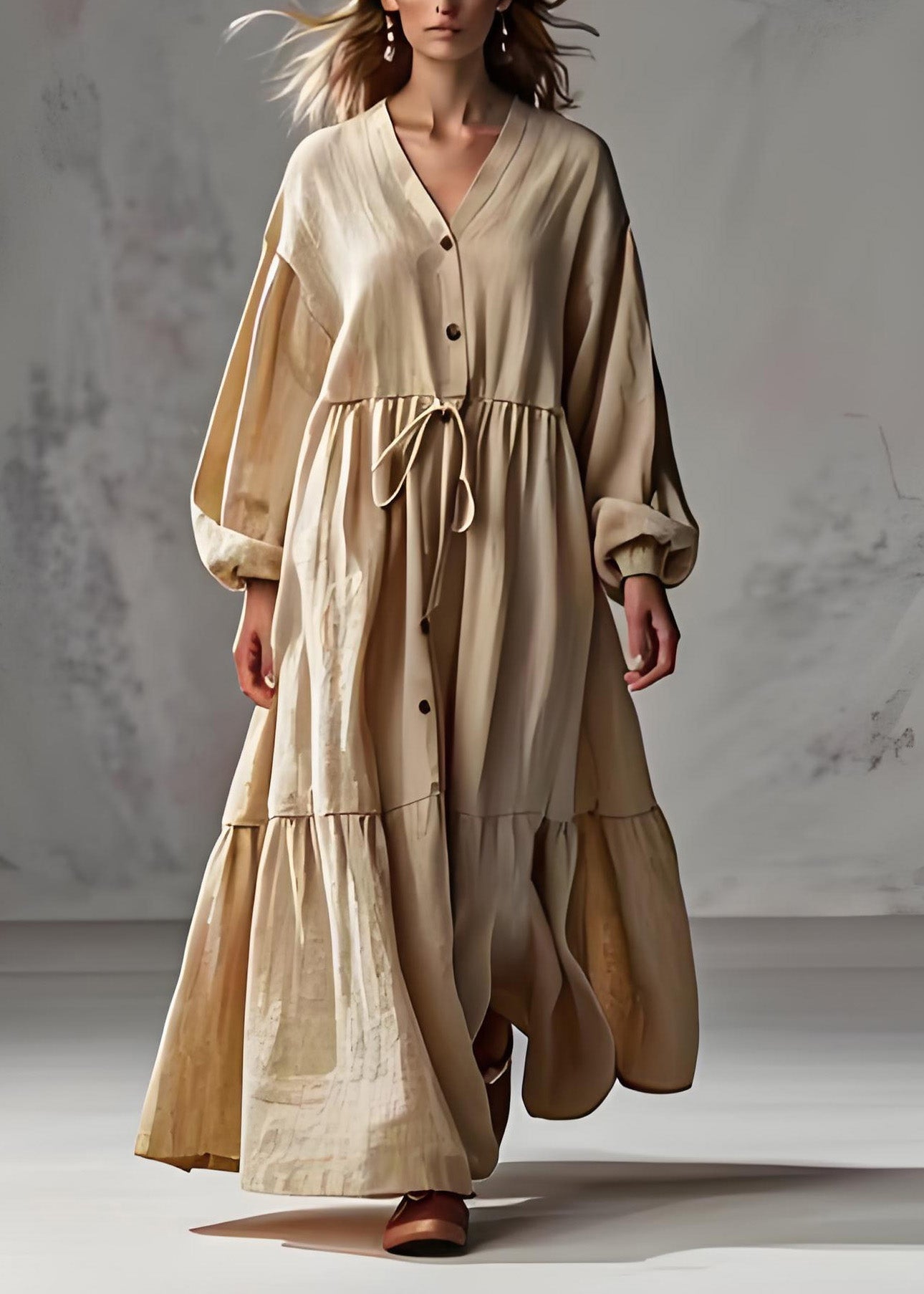 Plus Size Apricot V Neck Wrinkled Patchwork Cotton Long Dress Lantern Sleeve