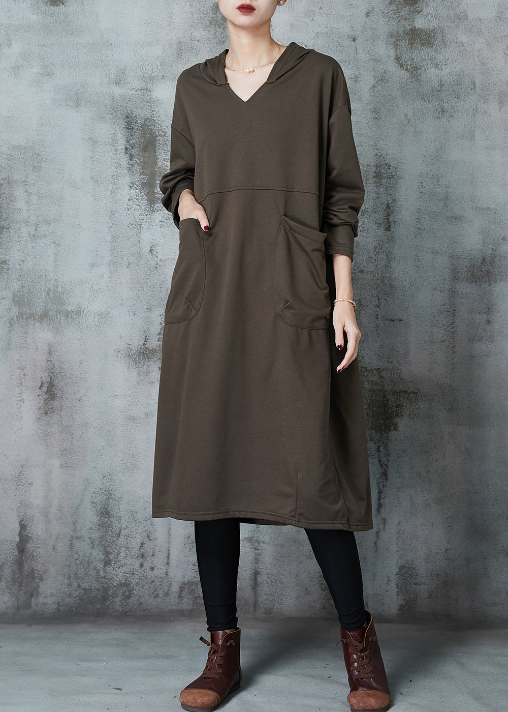 Plus Size Army Green Hooded Pockets Cotton Dress Spring