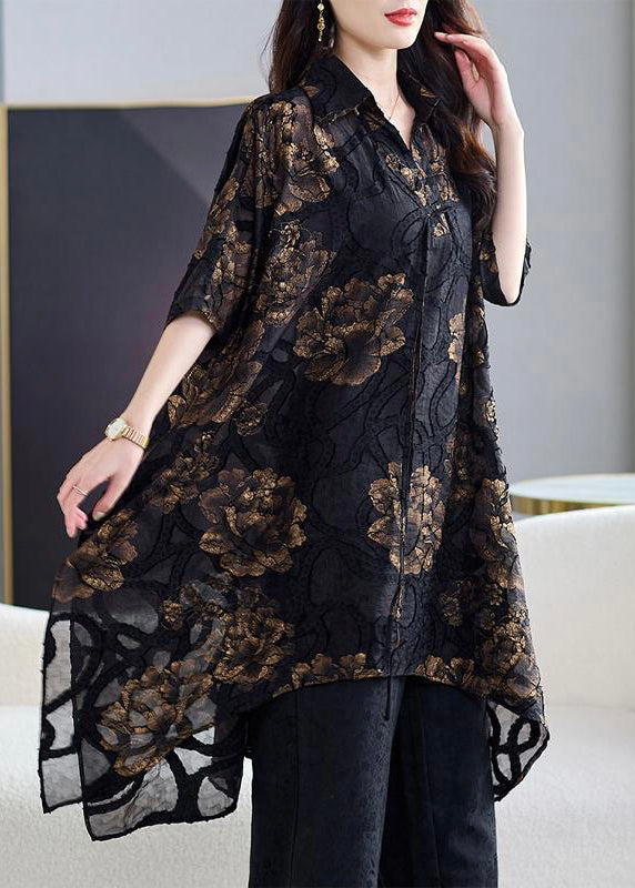 Plus Size Black Asymmetrical Print Chiffon Cardigans Summer