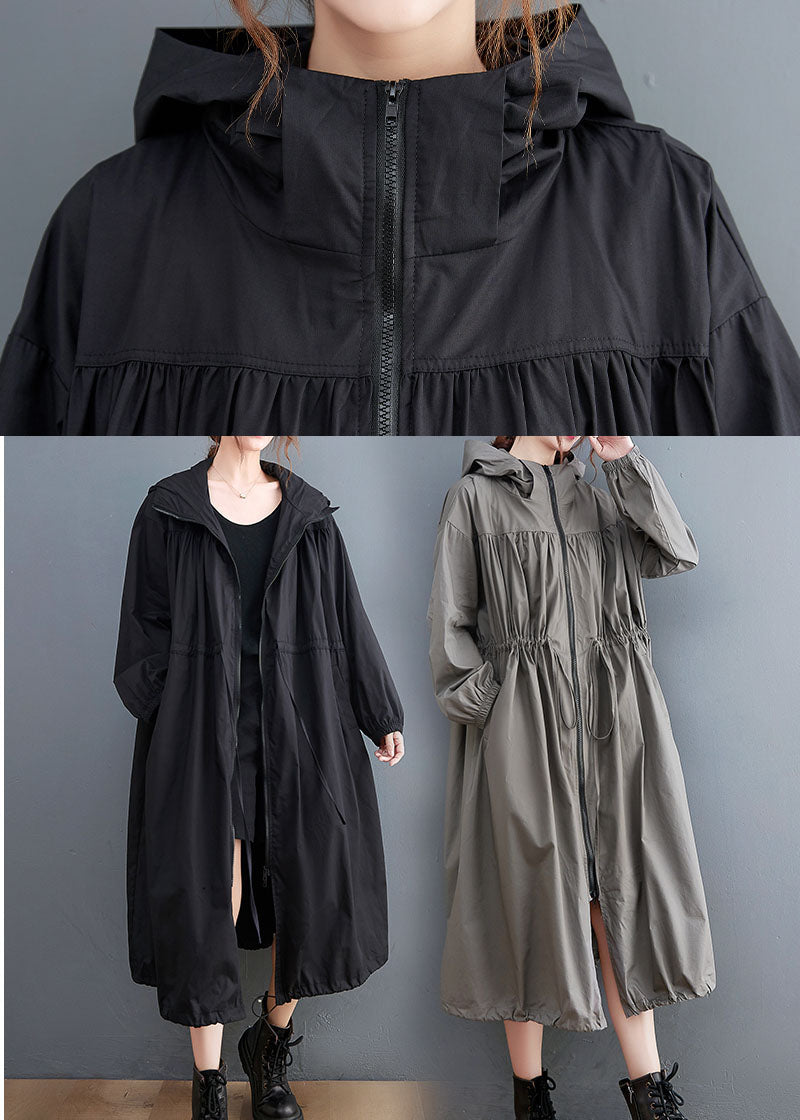 Plus Size Black Hooded Drawstring Cotton Trench Coat Spring