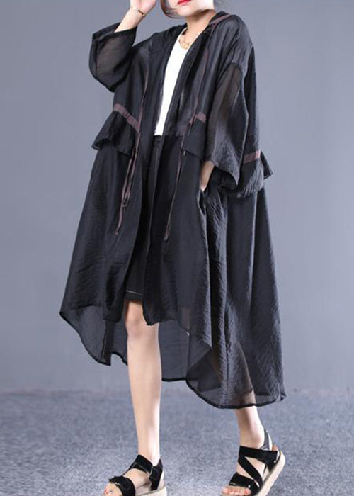 Plus Size Black Hooded Tie Waist Cotton Long Trench Spring