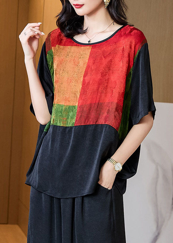 Plus Size Black O Neck Print Patchwork Silk T Shirt Tops Half Sleeve