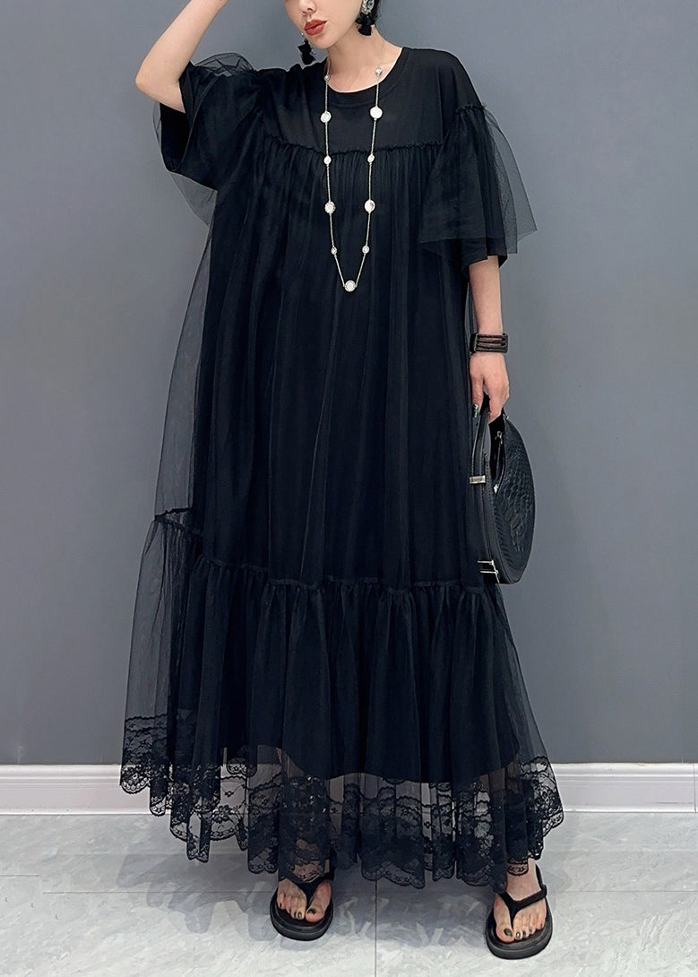 Plus Size Black O Neck Wrinkled Patchwork Tulle Dress Summer