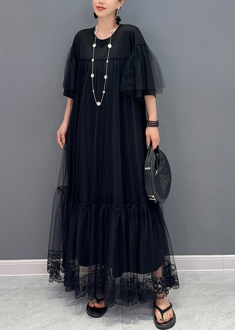 Plus Size Black O Neck Wrinkled Patchwork Tulle Dress Summer