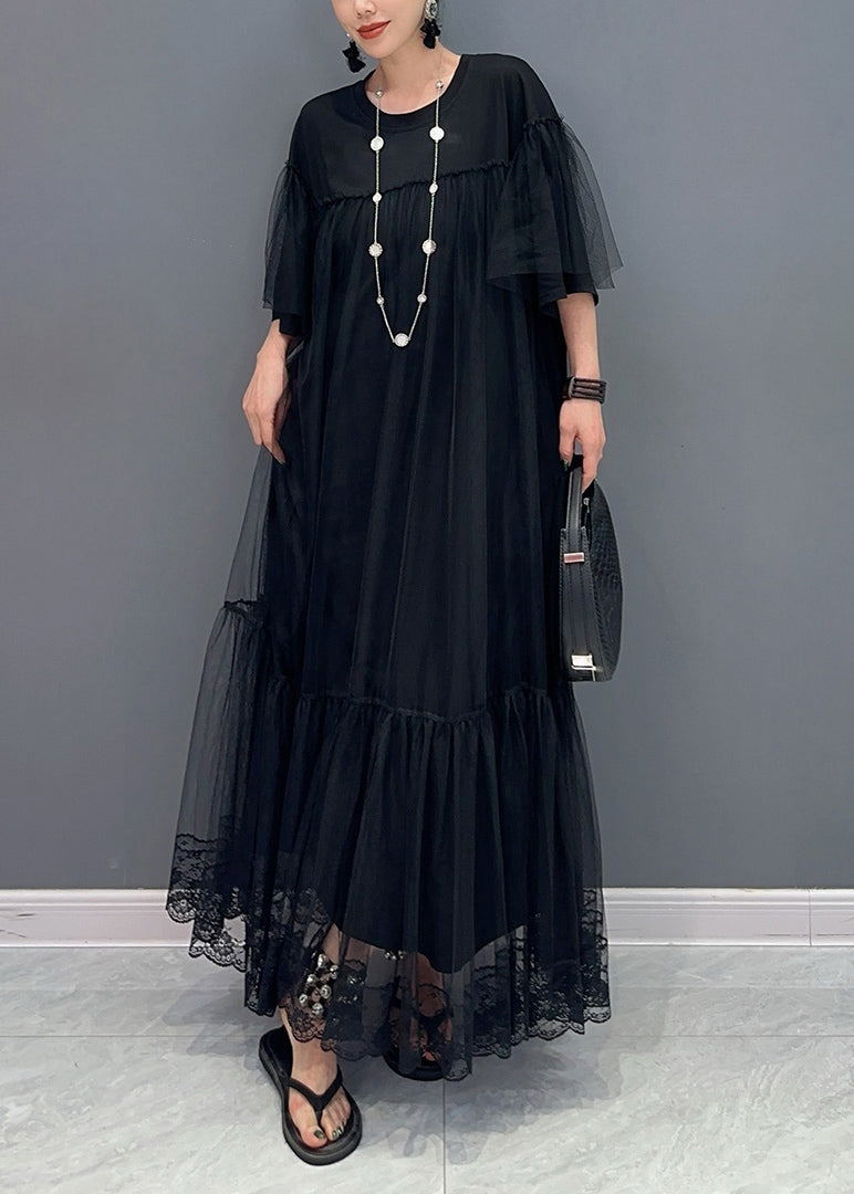 Plus Size Black O Neck Wrinkled Patchwork Tulle Dress Summer