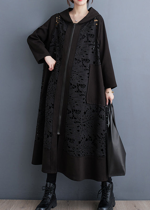 Plus Size Black Oversized Patchwork Hollow Out Cotton Coat Spring