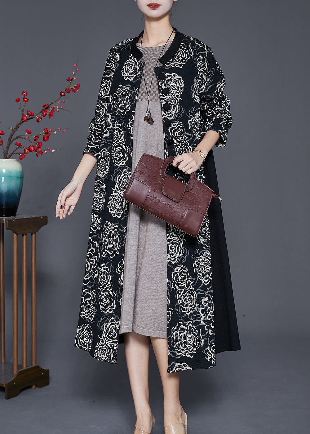 Plus Size Black Oversized Patchwork Print Cotton Trench Fall