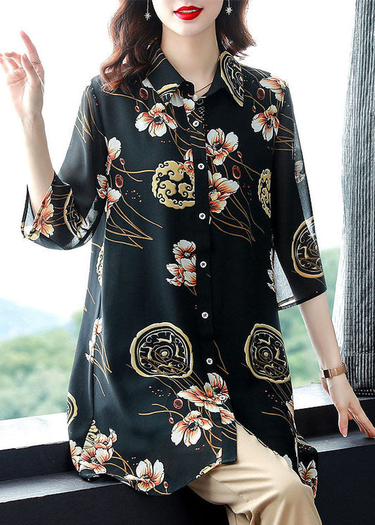 Plus Size Black Peter Pan Collar Print Patchwork Chiffon Shirts Tops Summer