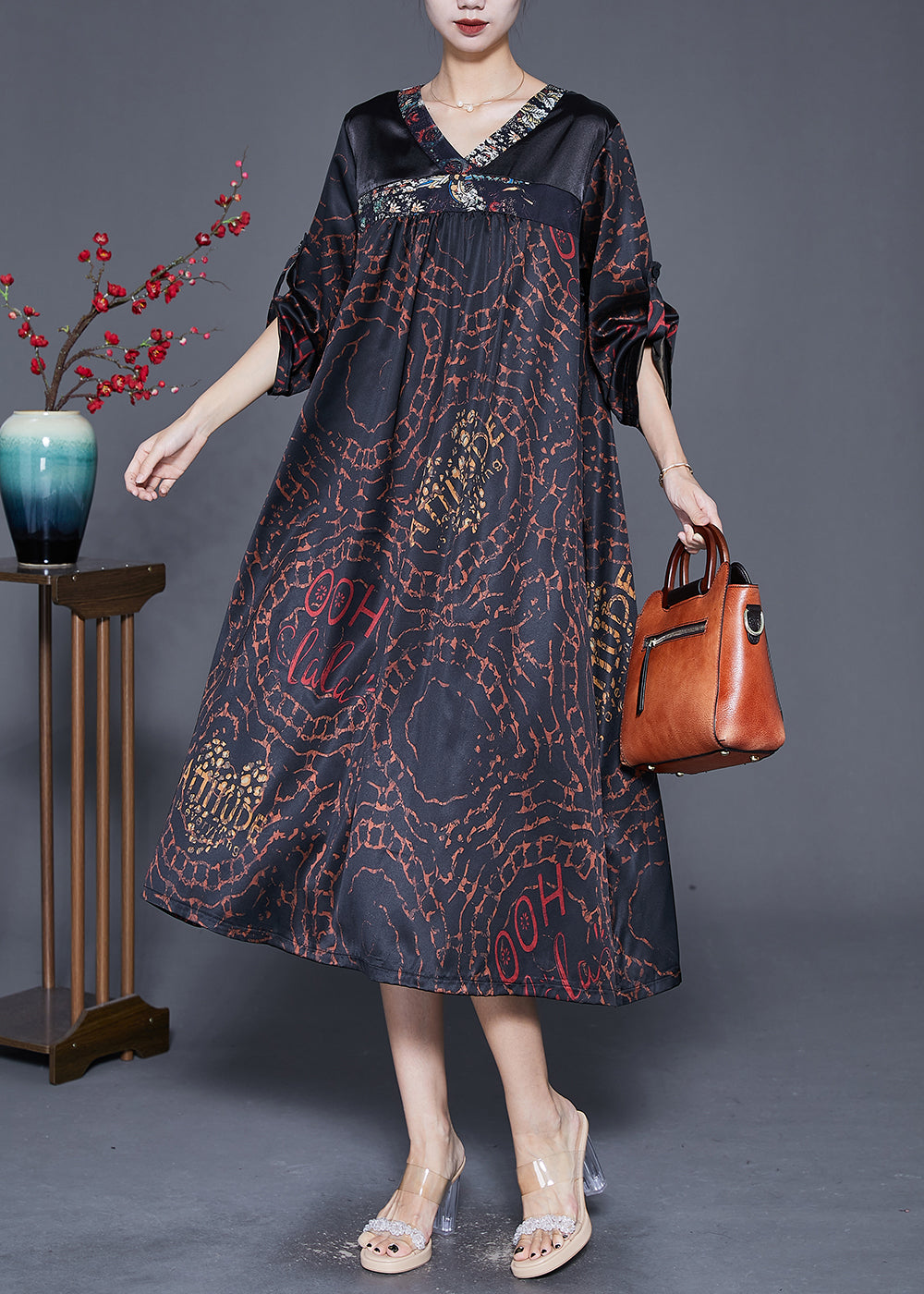 Plus Size Black V Neck Patchwork Print Silk Dress Fall