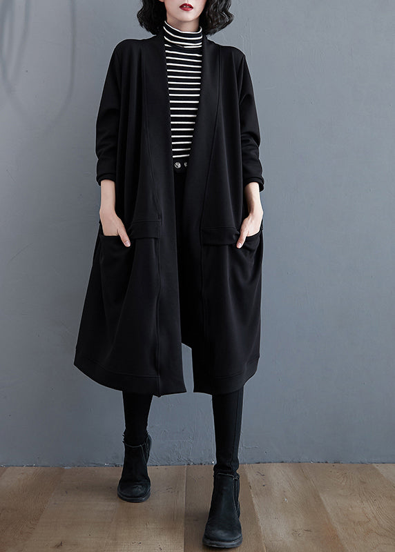 Plus Size Black V Neck Pockets Cotton Trench Coat Fall