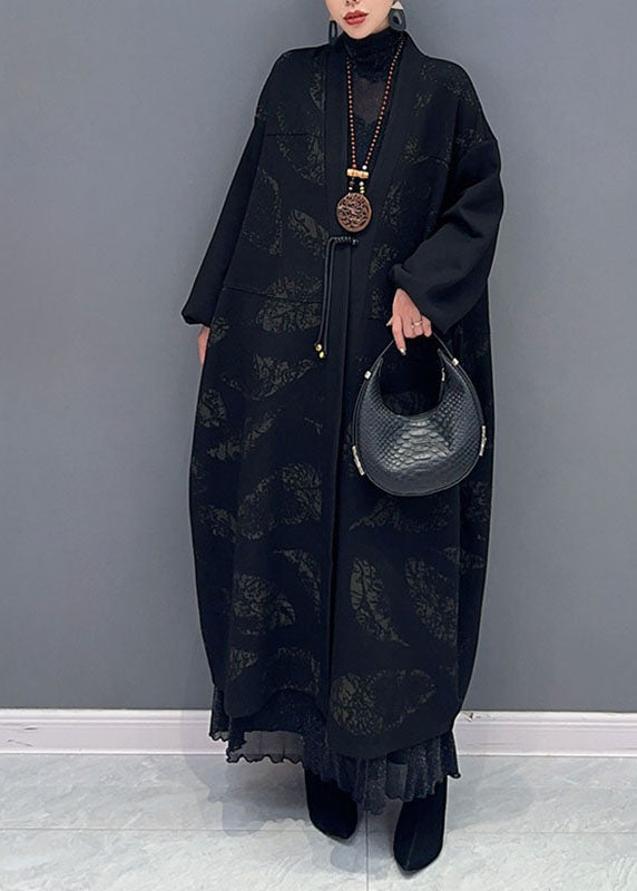 Plus Size Black V Neck Print Button Maxi Coat Fall