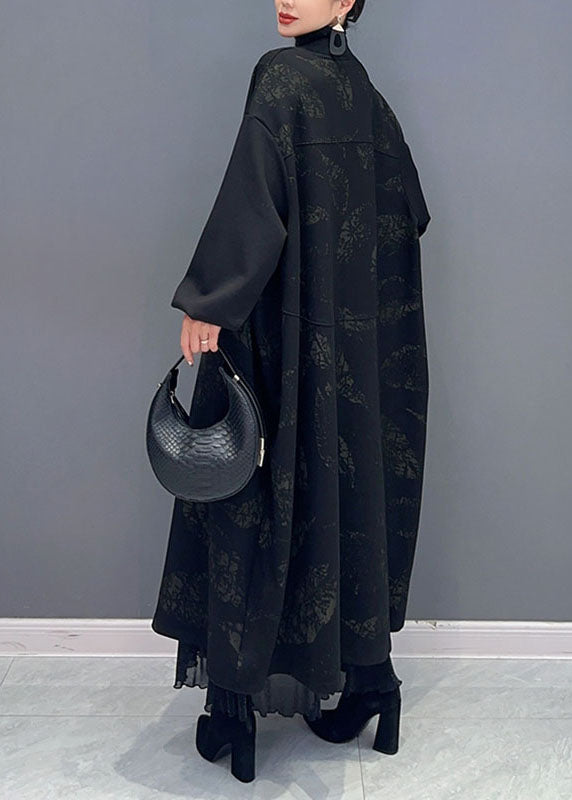 Plus Size Black V Neck Print Button Maxi Coat Fall