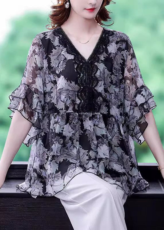 Plus Size Black V Neck Ruffled Print Chiffon Shirt Half Sleeve