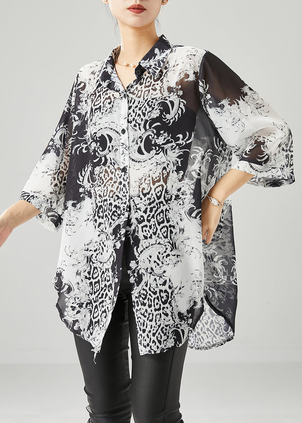 Plus Size Black White Print Oversized Chiffon Blouses Half Sleeve