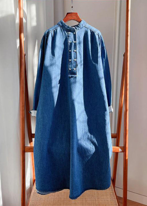 Plus Size Blue Button Pockets Denim Long Dresses Fall