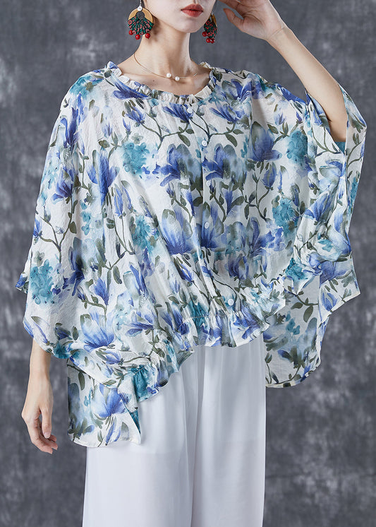 Plus Size Blue Ruffled Print Cotton Shirt Tops Batwing Sleeve