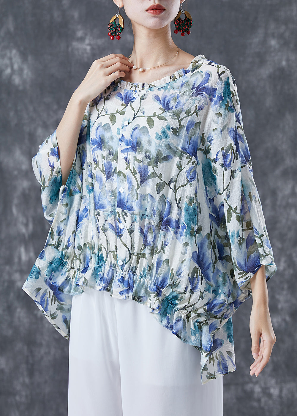 Plus Size Blue Ruffled Print Cotton Shirt Tops Batwing Sleeve