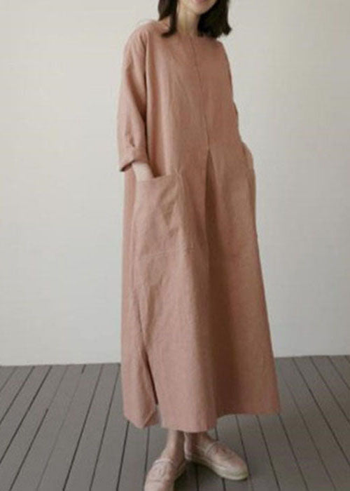 Plus Size Brick Red Pockets Linen Long Dress Spring