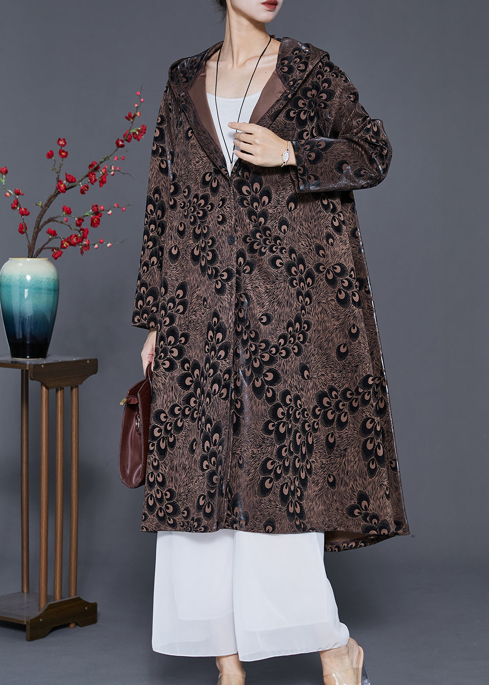 Plus Size Brown Hooded Print Spandex Coat Outwear Spring