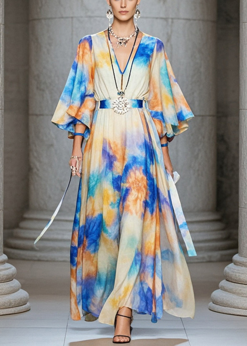 Plus Size Cinched Tie Dye Chiffon Maxi Dresses Flare Sleeve