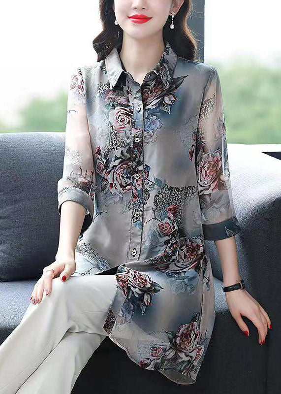 Plus Size Floral Peter Pan Collar Patchwork Chiffon Shirts Summer