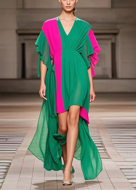 Plus Size Green Asymmetrical Patchwork Chiffon Ankle Dress Summer