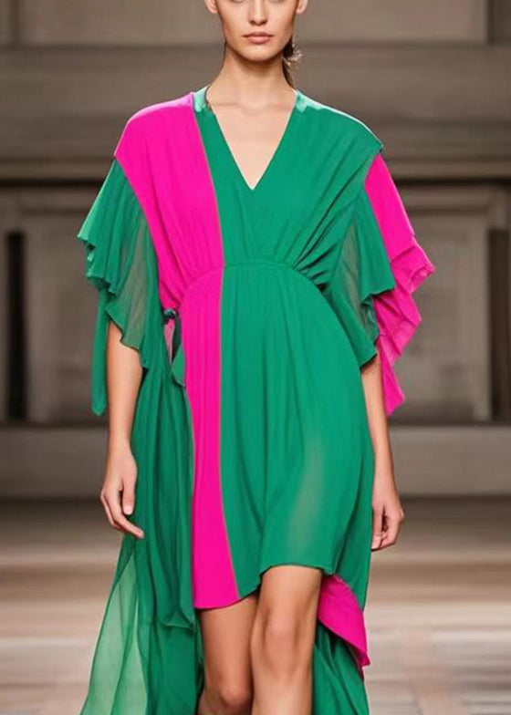 Plus Size Green Asymmetrical Patchwork Chiffon Ankle Dress Summer