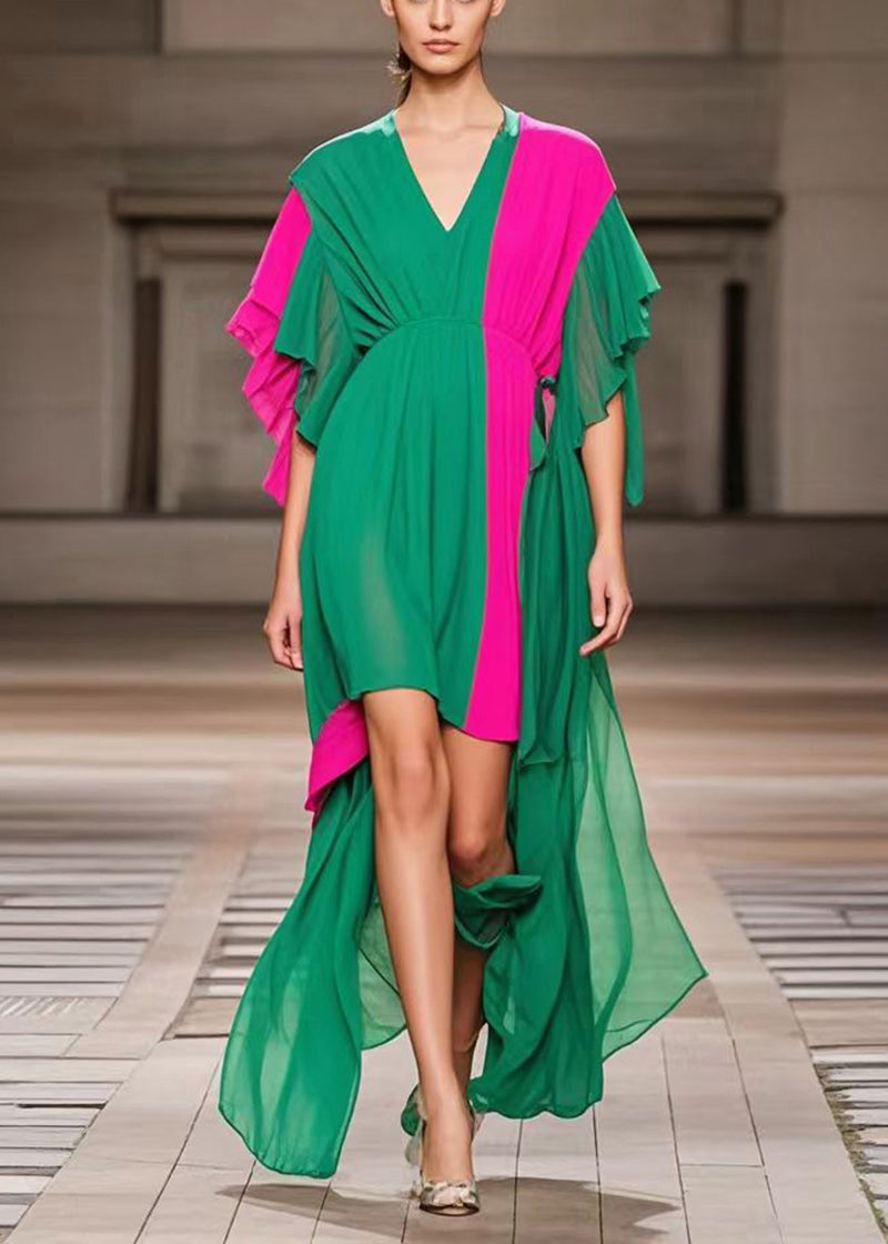 Plus Size Green Asymmetrical Patchwork Chiffon Ankle Dress Summer