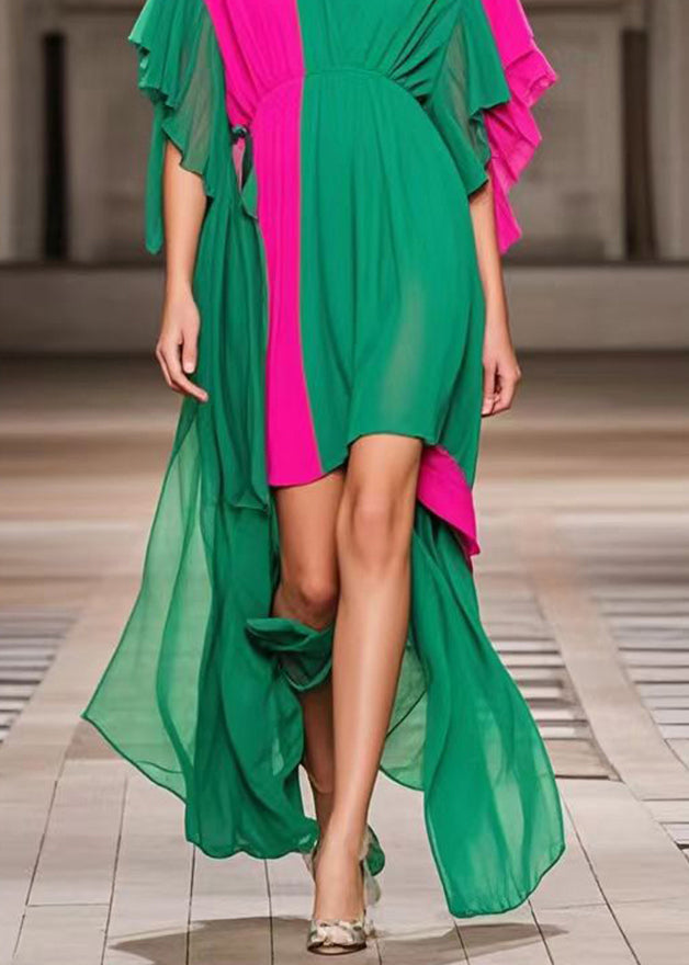 Plus Size Green Asymmetrical Patchwork Chiffon Ankle Dress Summer