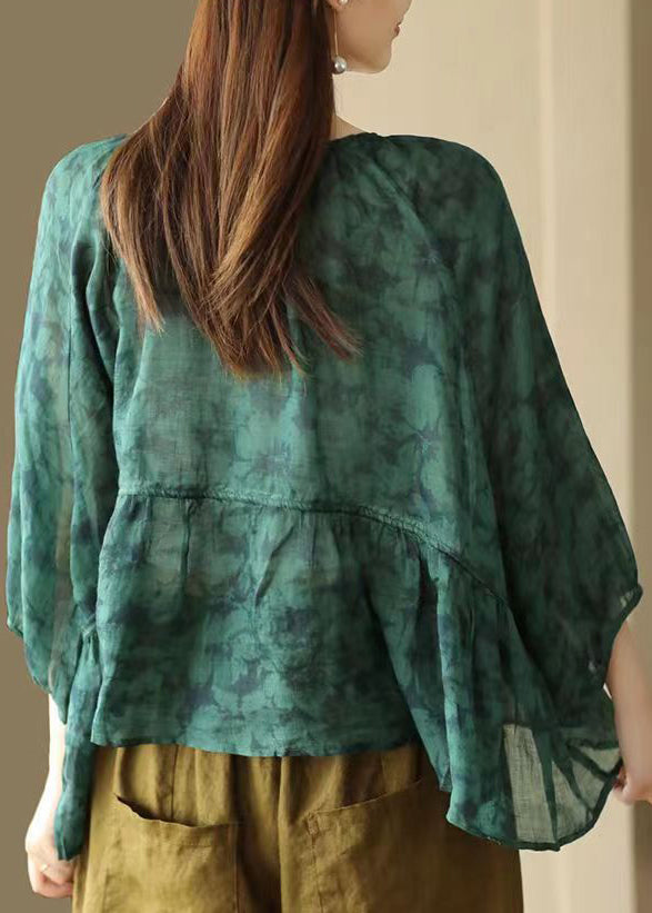 Plus Size Green O Neck Print Patchwork Linen Shirts Summer