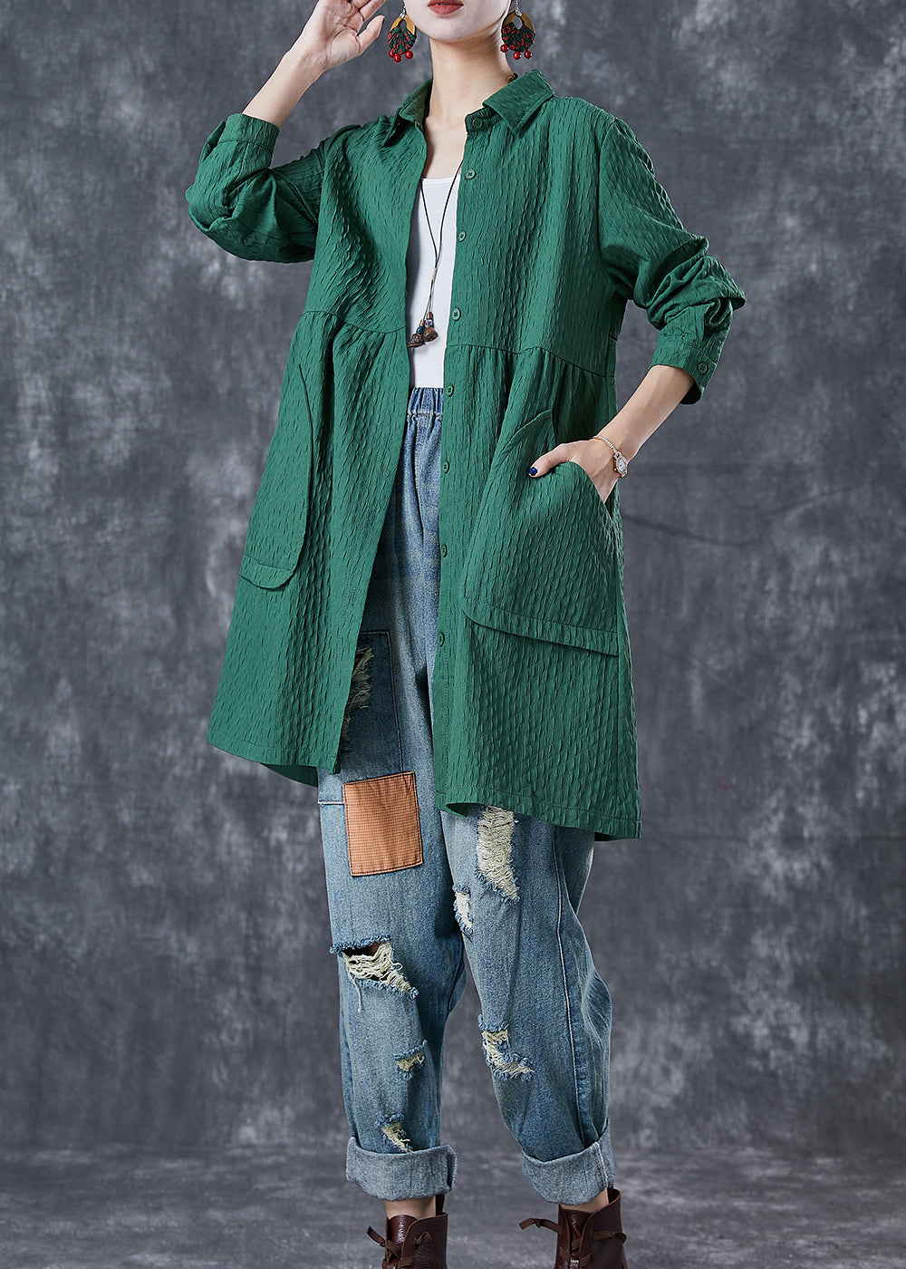 Plus Size Green Oversized Pockets Cotton Trench Fall