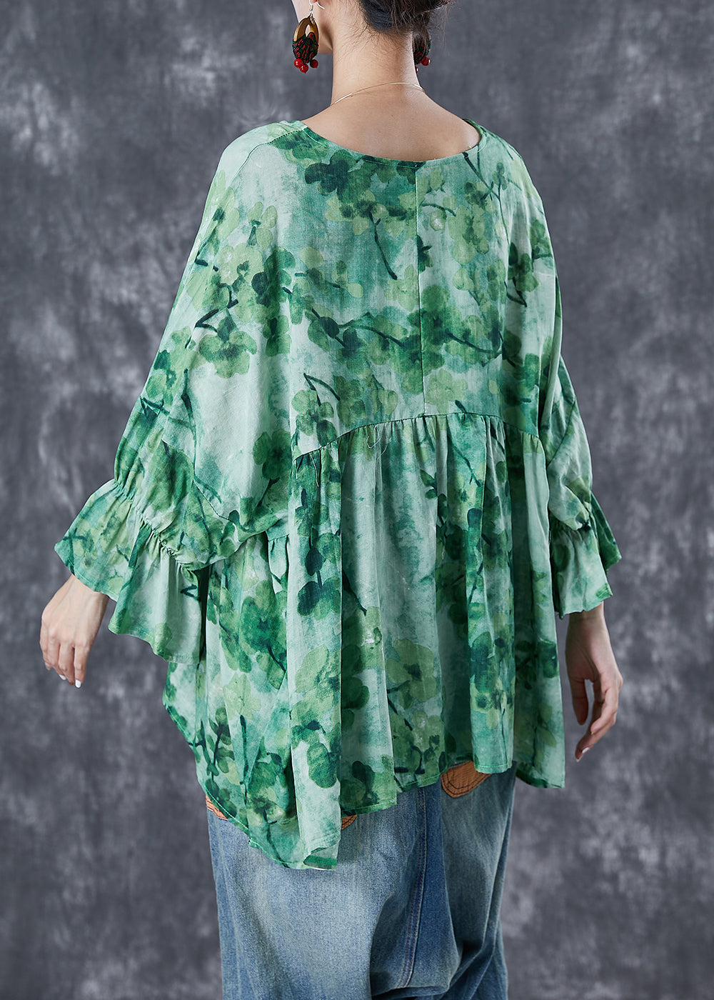 Plus Size Green V Neck Print Linen Shirts Batwing Sleeve