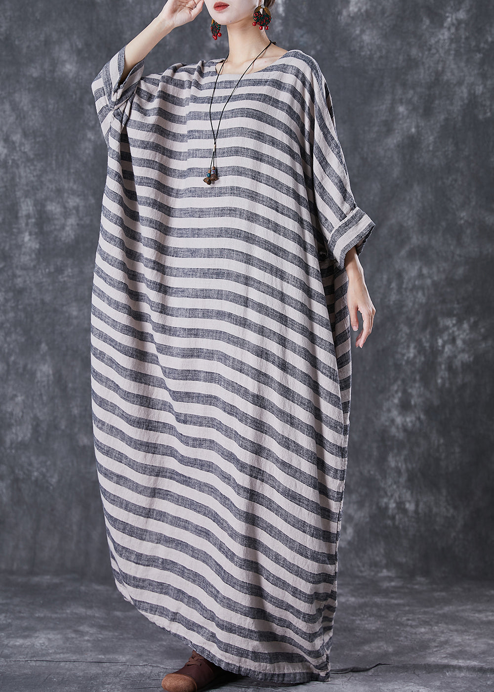 Plus Size Grey Oversized Striped Linen Ankle Dress Gown Batwing Sleeve