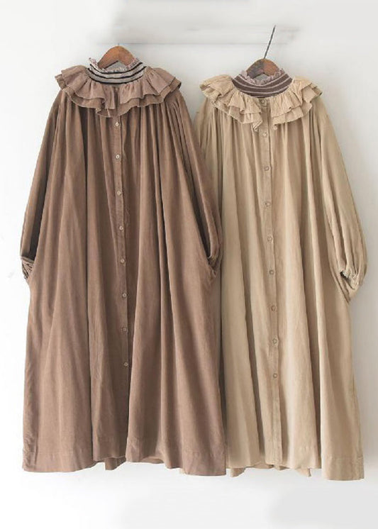 Plus Size Khaki Ruffled Button Corduroy Long Dresses Spring