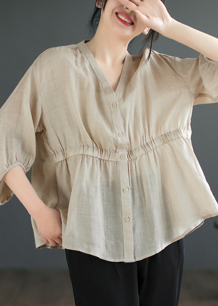 Plus Size Light Camel V Neck Button Linen Blouses Summer