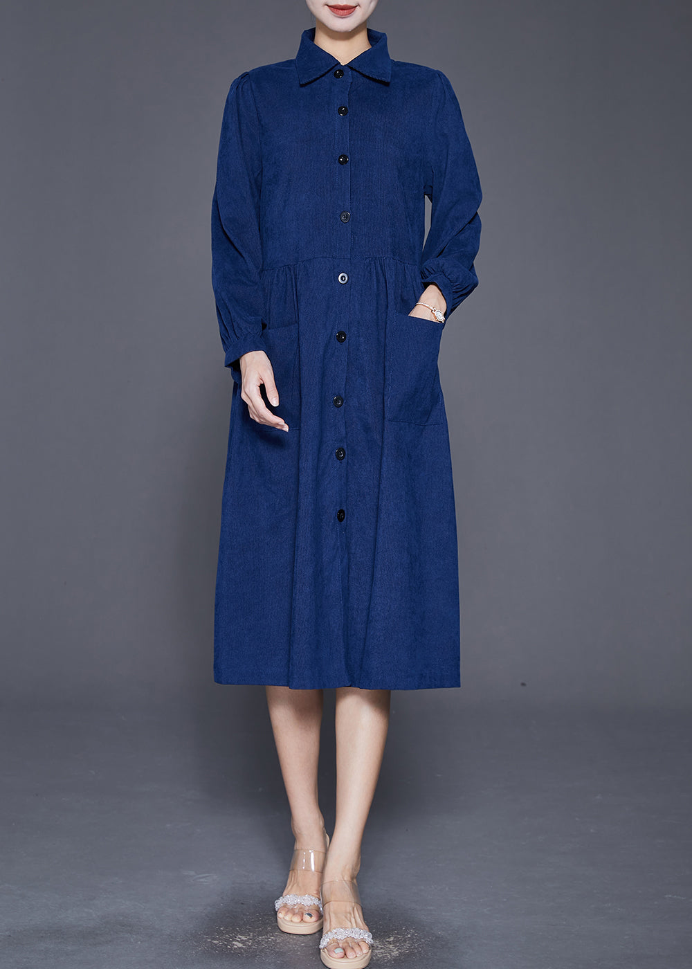 Plus Size Navy Button Down Pockets Corduroy Dress Fall