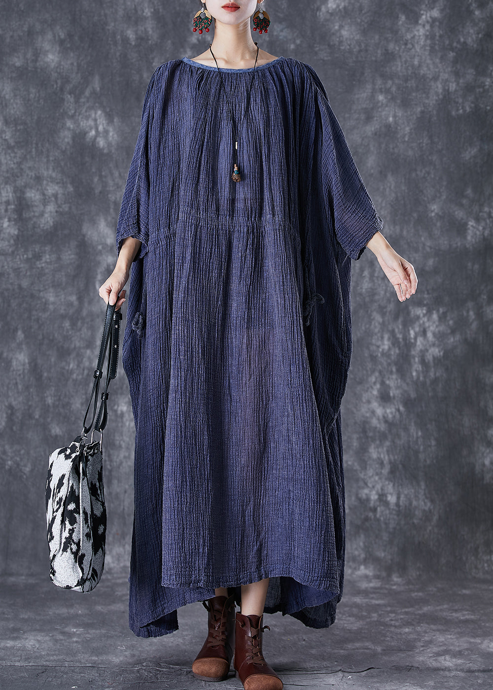 Plus Size Navy Oversized Drawstring Linen Long Smock Dresses Fall