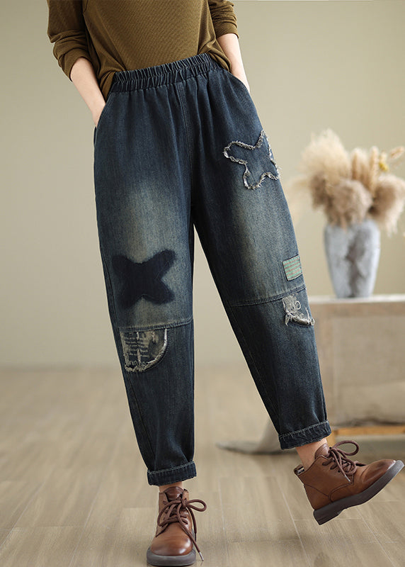 Plus Size Navy Pockets Elastic Waist Denim Pants Fall