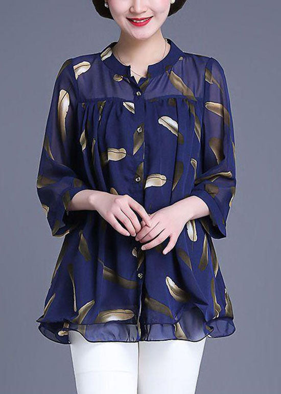 Plus Size Navy Print Wrinkled Patchwork Chiffon Blouse Tops Summer