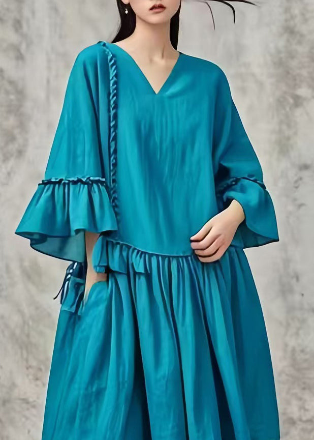 Plus Size Peacock Blue Oversized Patchwork Cotton Maxi Dresses Fall