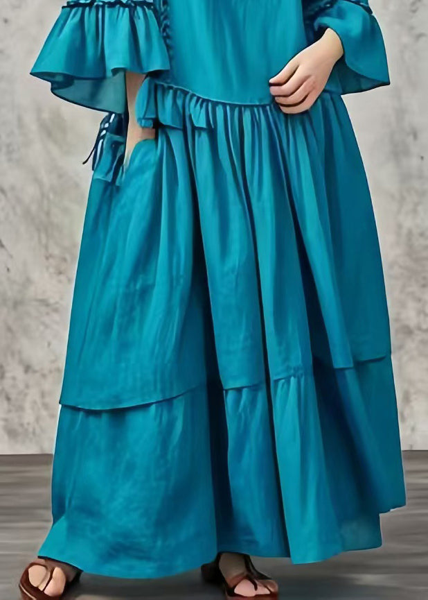 Plus Size Peacock Blue Oversized Patchwork Cotton Maxi Dresses Fall