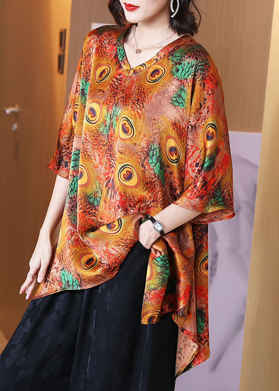 Plus Size Peacock Print V Neck Patchwork Silk Shirt Top Summer