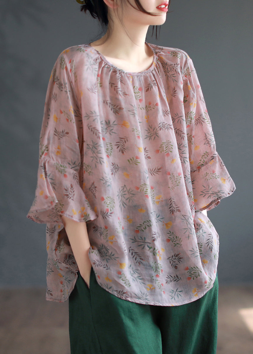 Plus Size Pink Print Patchwork Linen Shirts Flare Sleeve