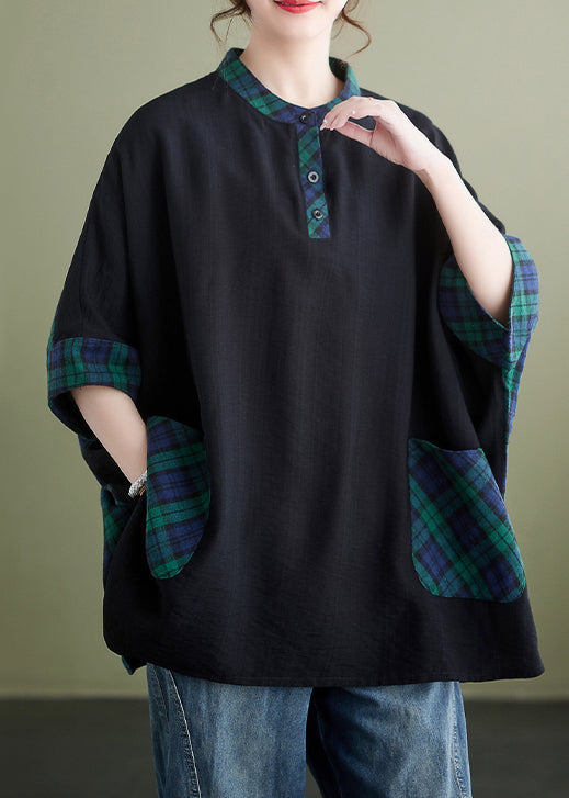 Plus Size Plaid Button Pockets Patchwork Cotton Tops Batwing Sleeve