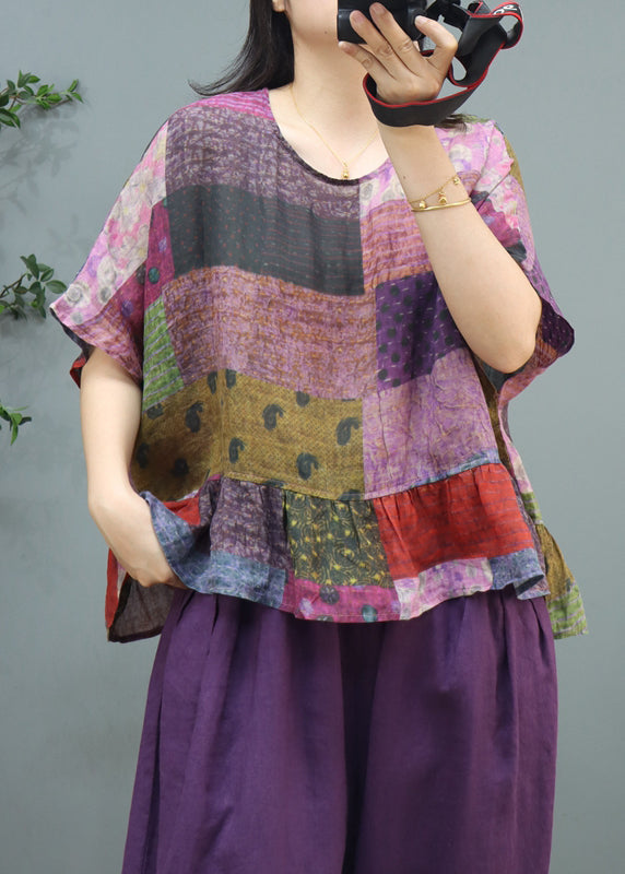 Plus Size Purple Print Linen Top Short Sleeve