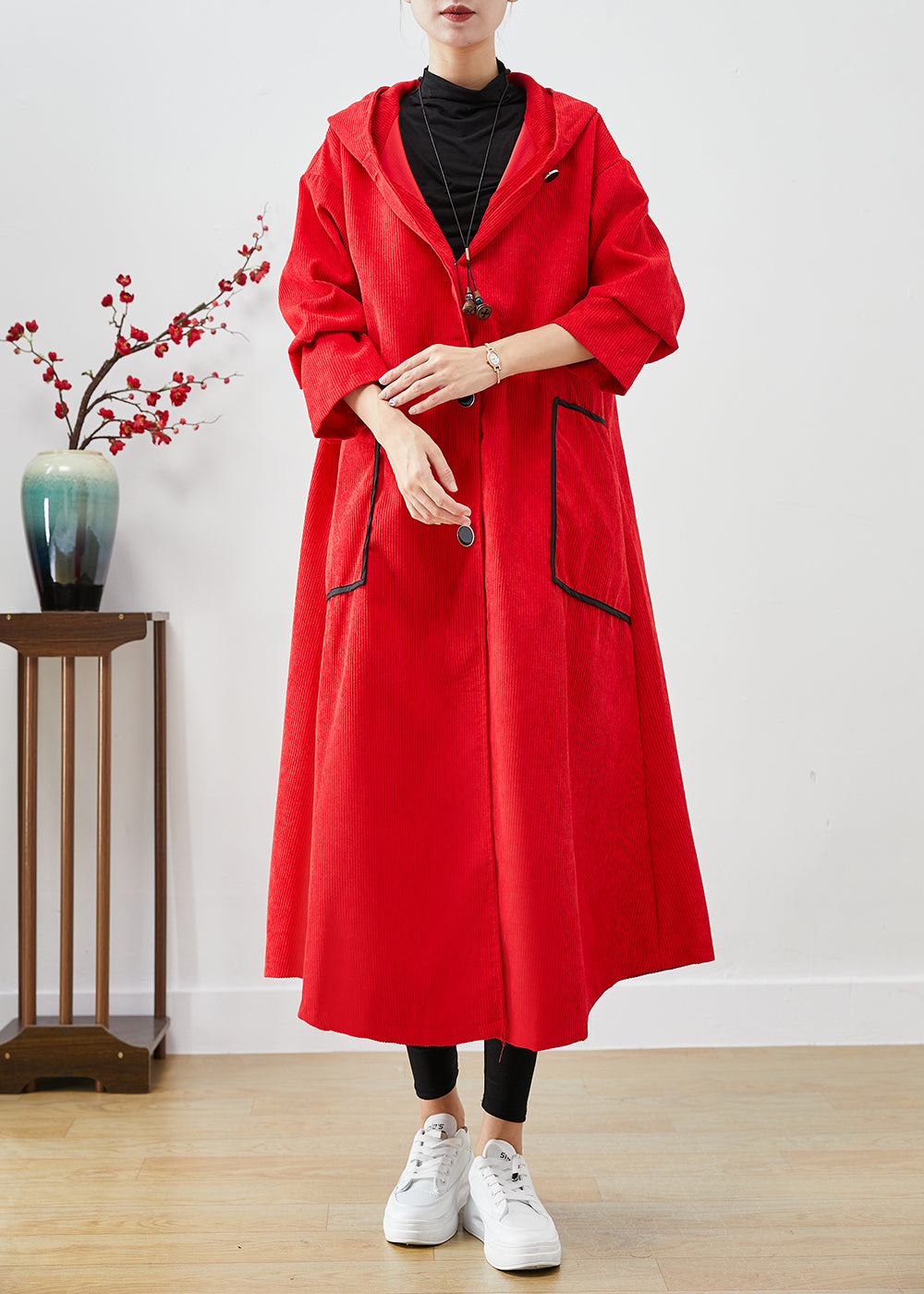 Plus Size Red Hooded Big Pockets Corduroy Trench Coat Fall